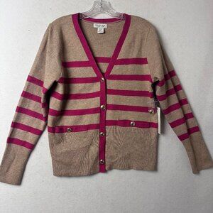 Rachel Zoe Women Knit Sweater Cardigan sz M Pink‎ Tan Stripe Gold Buttons
